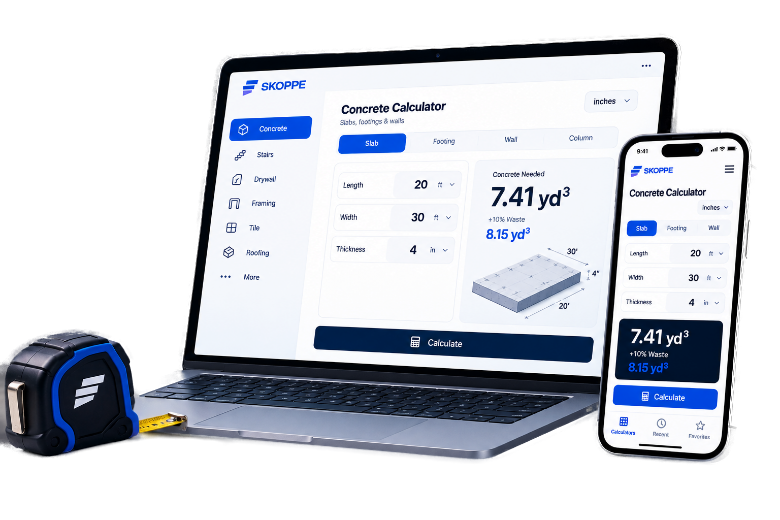 Skoppe construction calculators on desktop and mobile